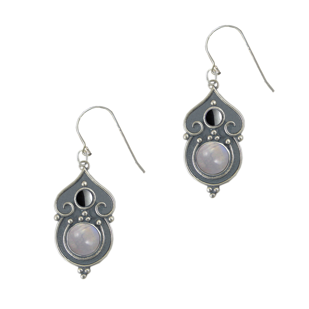 Sterling Silver Gothic Inspired Drop Dangle Earrings With Rainbow Moonstone And Hematite